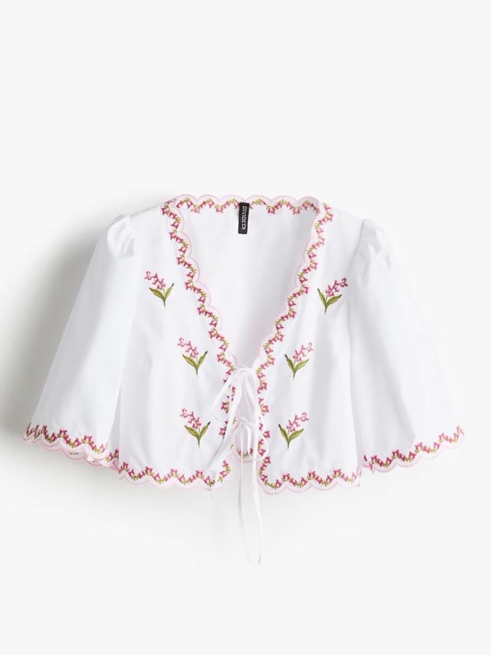 H&M White Embroidered Floral Tie-Front Blouse